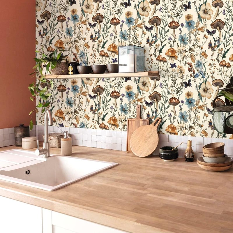 Froluya Mushroom Wallpaper Peel and Stick Vintage Floral Contact Paper 16.9" x 118.1" Boho Self Adhesive Removable Wallpaper Mushroom Forest Decorative Contact Paper for Bathroom Cabinets Vinyl - Image 4